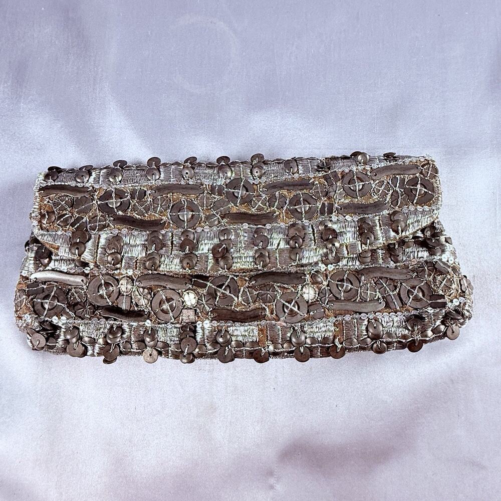 Chico’s Beaded Sequin Evening Clutch Purse Metallic Bronze Formal Bag Boho